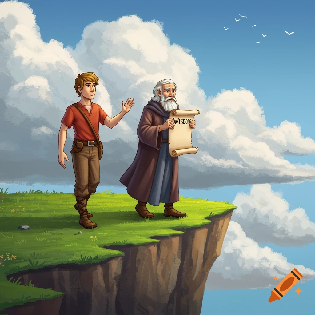 A young man waves and an older man holds a scroll on a grassy cliff overlooking a valley.