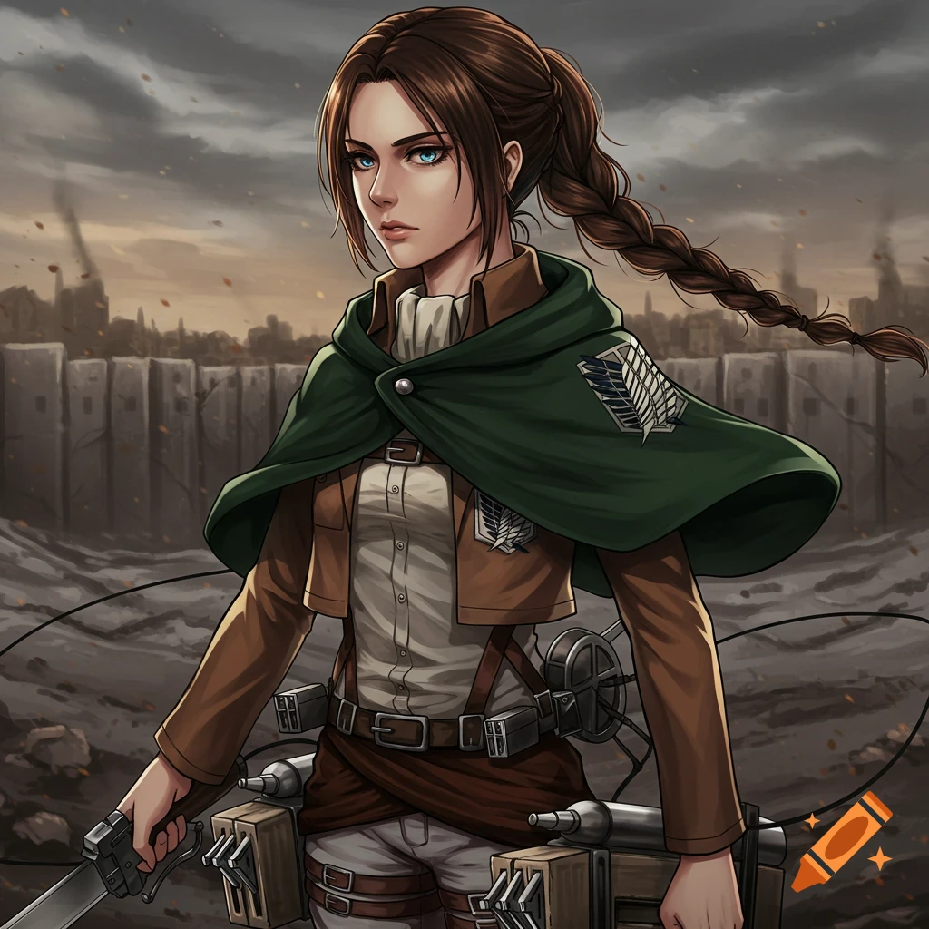 An anime-style image of a female character in an Attack on Titan uniform with swords, standing before walls.