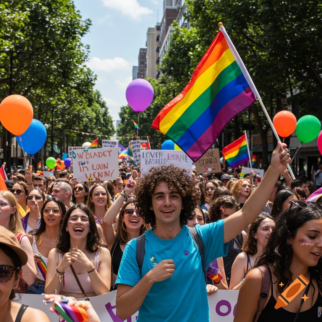 A young person holds a rainbow flag in a crowd at a pride parade with balloons