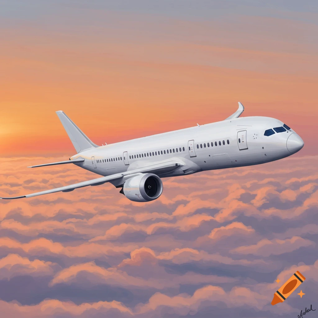 A white passenger jet flying over clouds during a colorful sunset.