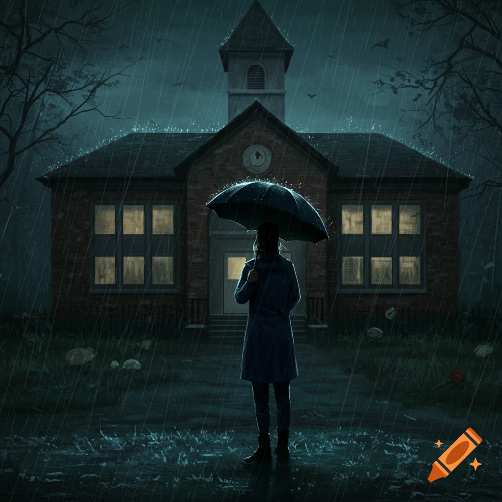 A woman with an umbrella stands in heavy rain before a dark, ominous brick schoolhouse at night.