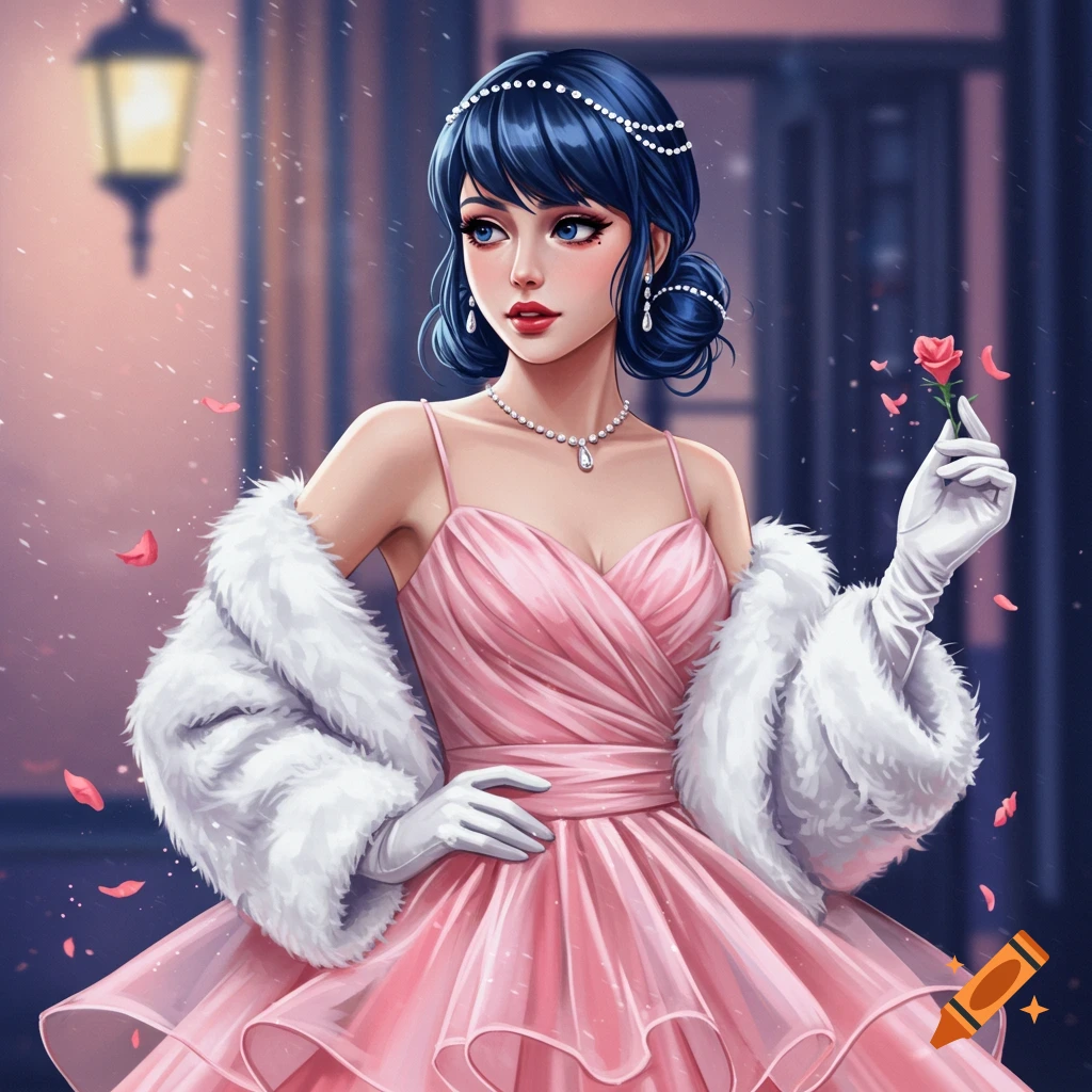 A woman in a pink dress and white coat holding a rose.