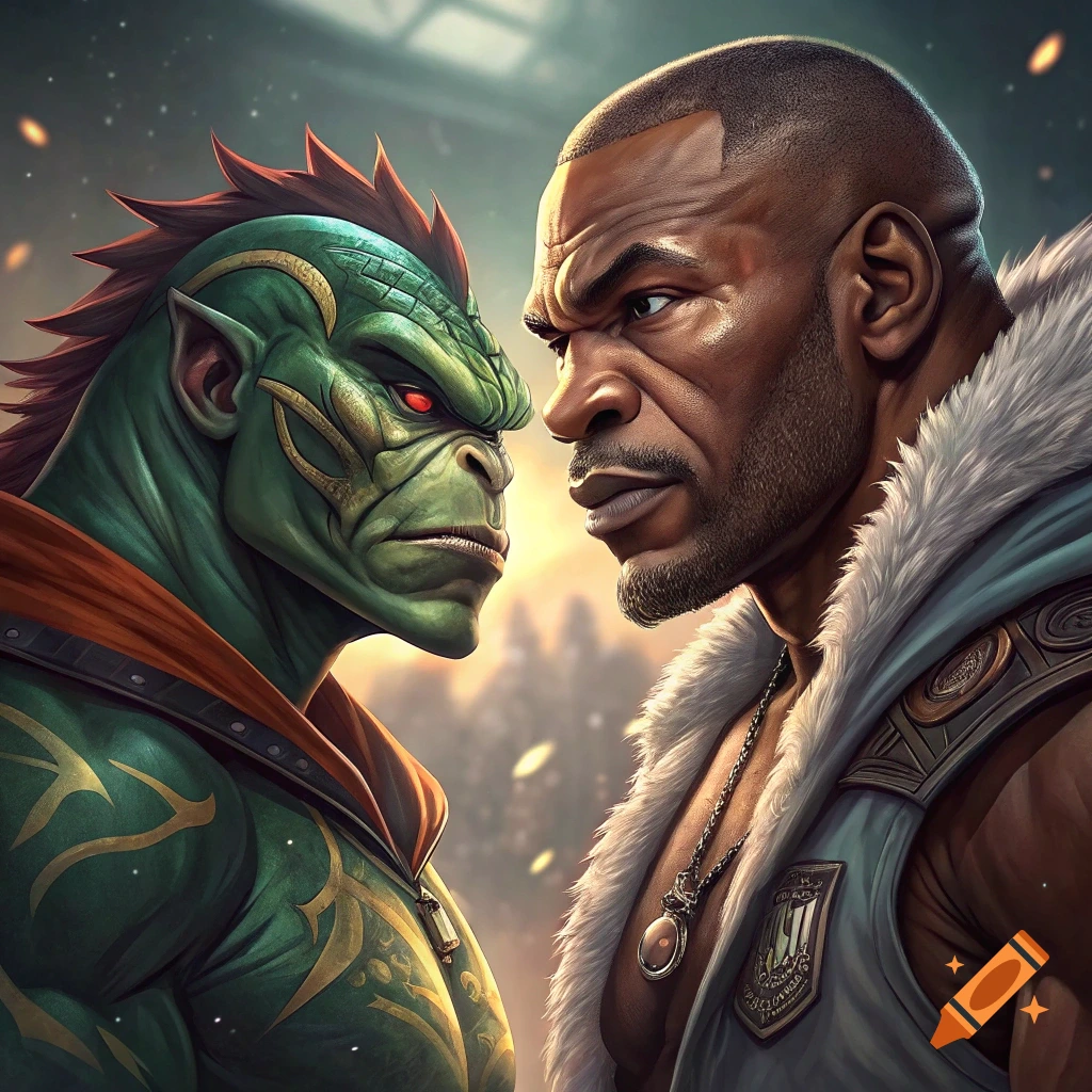 A fantasy artwork showing a character resembling Mike Tyson facing off against a green creature with red eyes.