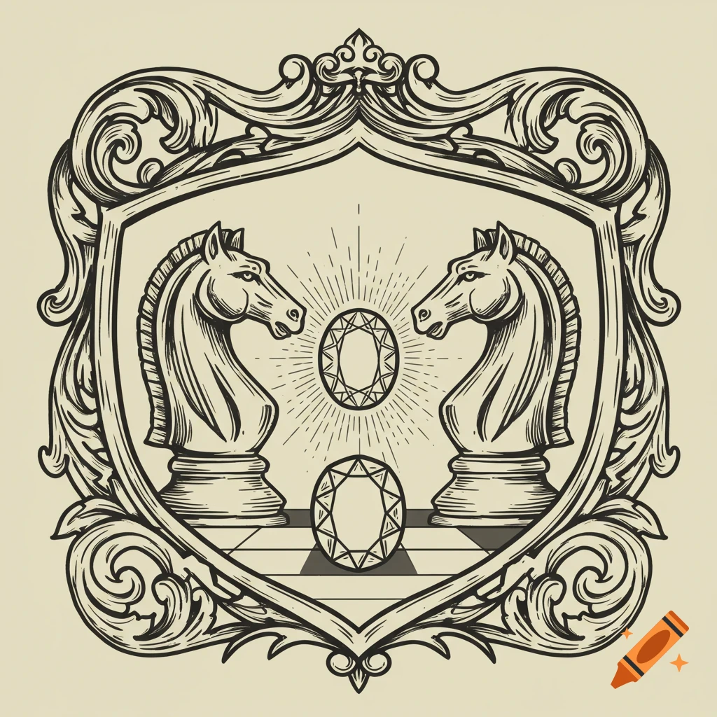 Engraved illustration of two chess knights facing each other within an ornate shield crest, with gemstones and a chess board below.
