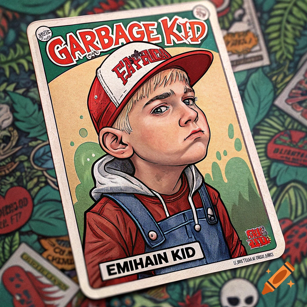 Caricature portrait of a young boy on a trading card in Garbage Pail Kids style, with text 'GARBAGE KID' and 'EMIHAIHN KID'.