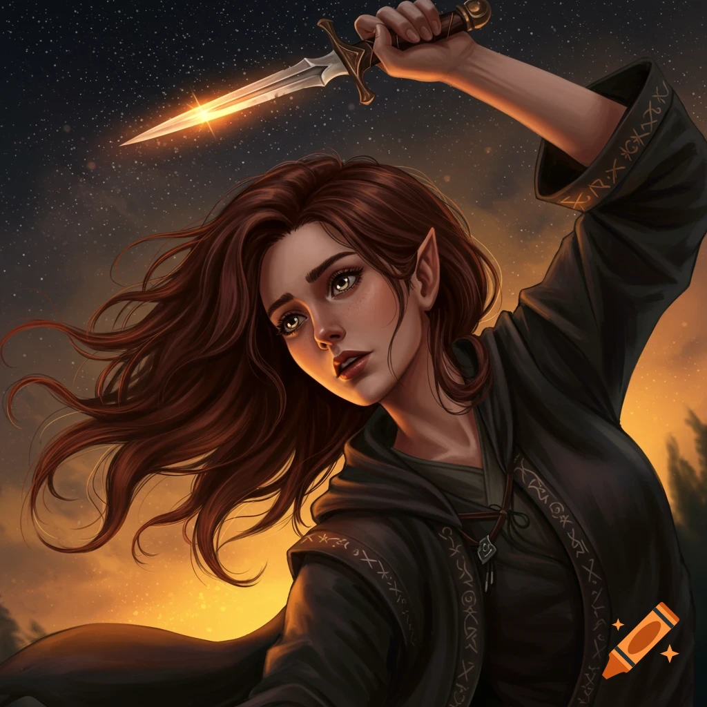 A fantasy female character holding a dagger against a starry sunset sky.