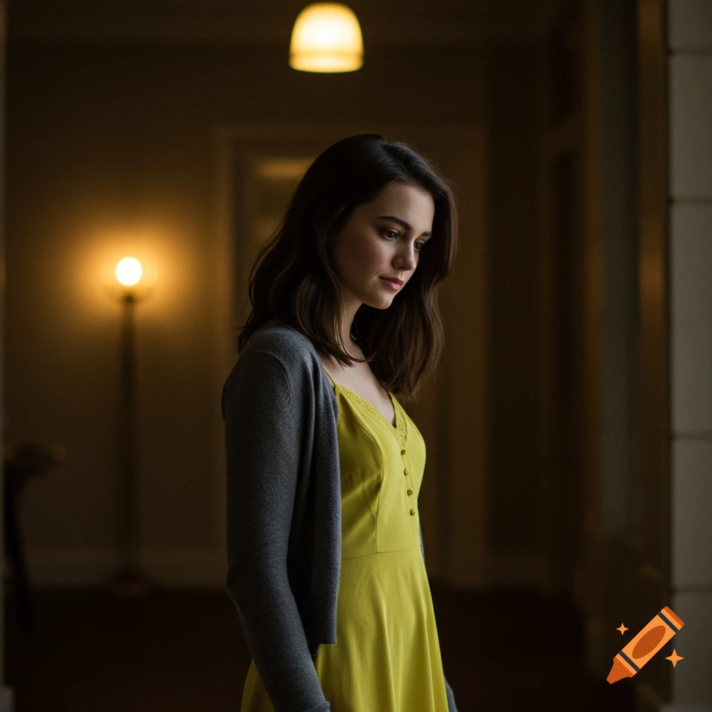 Young woman in yellow dress and gray cardigan, backlit in a hallway.