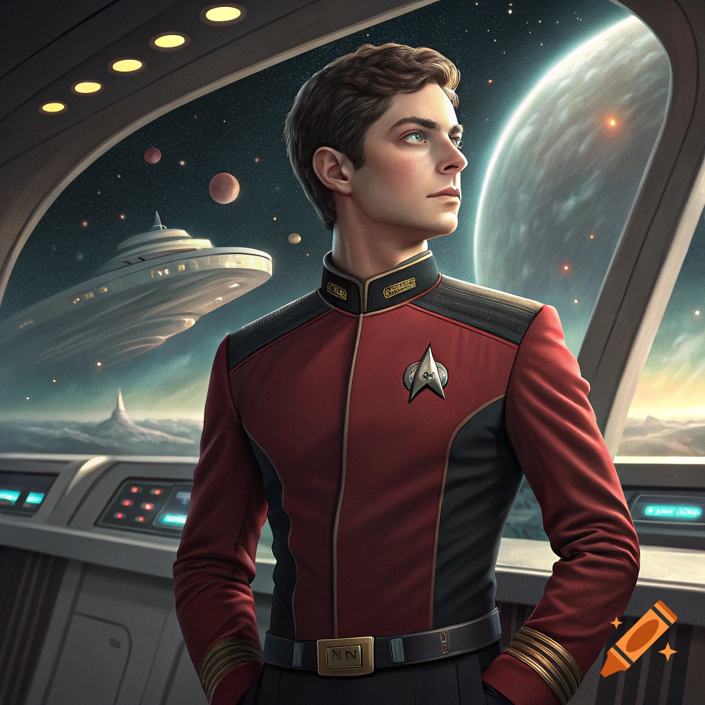 Realistic illustration of a young man in a futuristic uniform looking out a spaceship window at planets and stars.