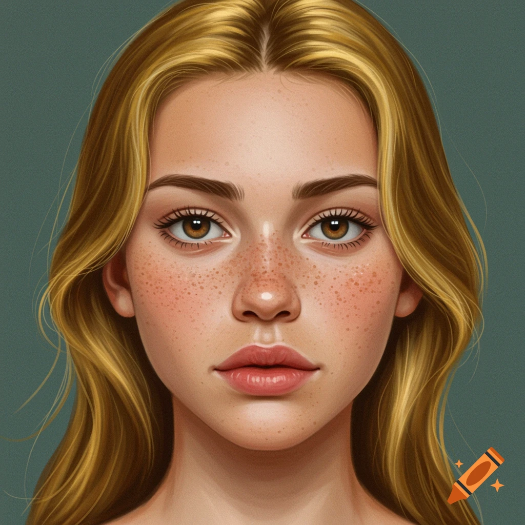 Close-up portrait of a young woman with freckles, blonde hair, and brown eyes.
