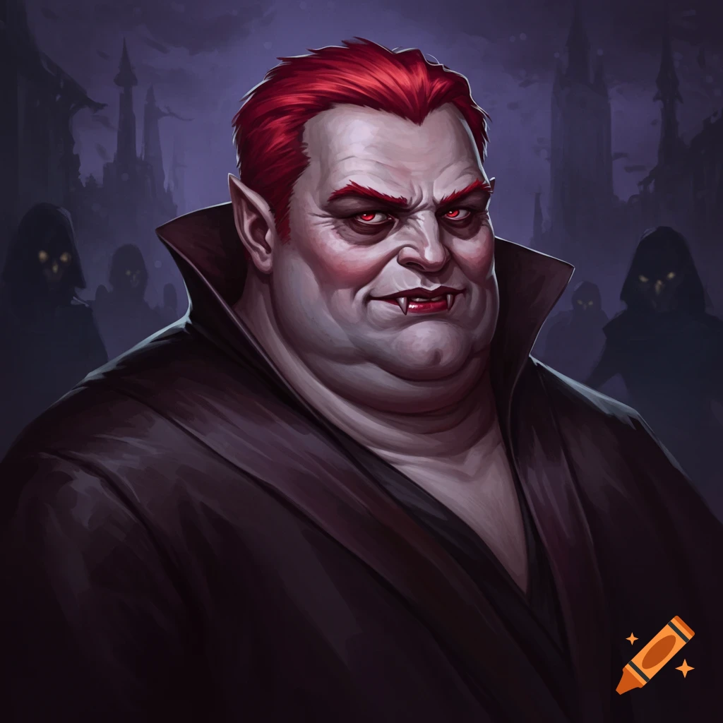 A fat vampire with red hair, red eyes, and fangs, stands against a gothic castle backdrop with shadowy figures.