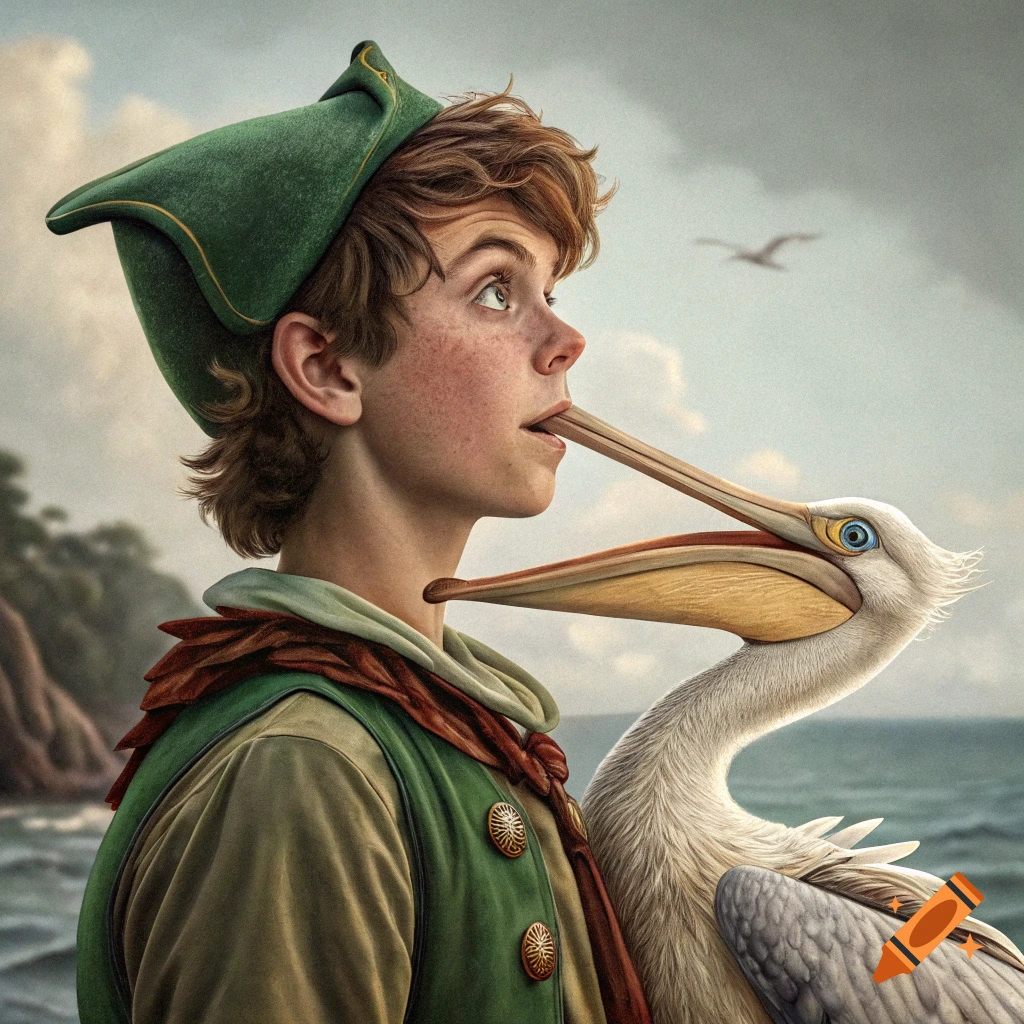 Boy in green hat with a pelican beak emerging from his mouth, by the sea