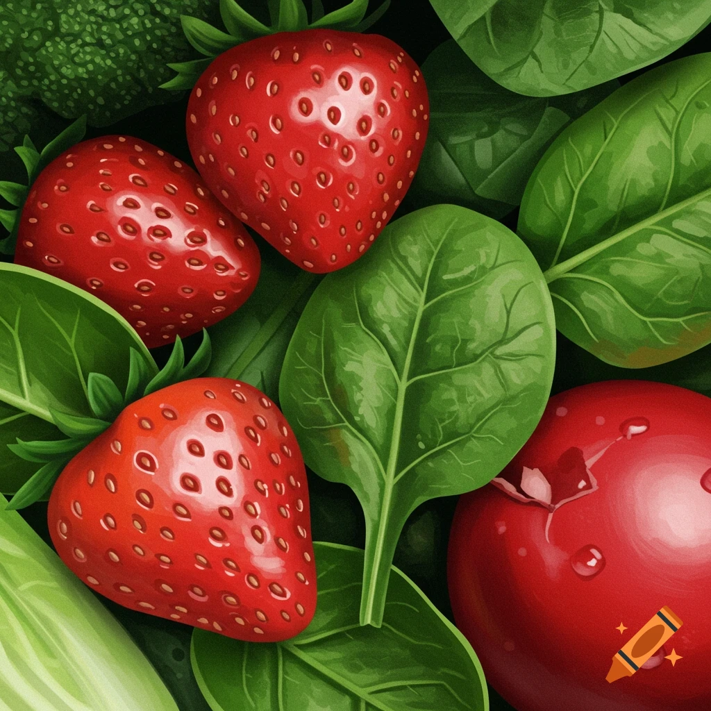 Close-up of strawberries, spinach leaves, and a tomato.