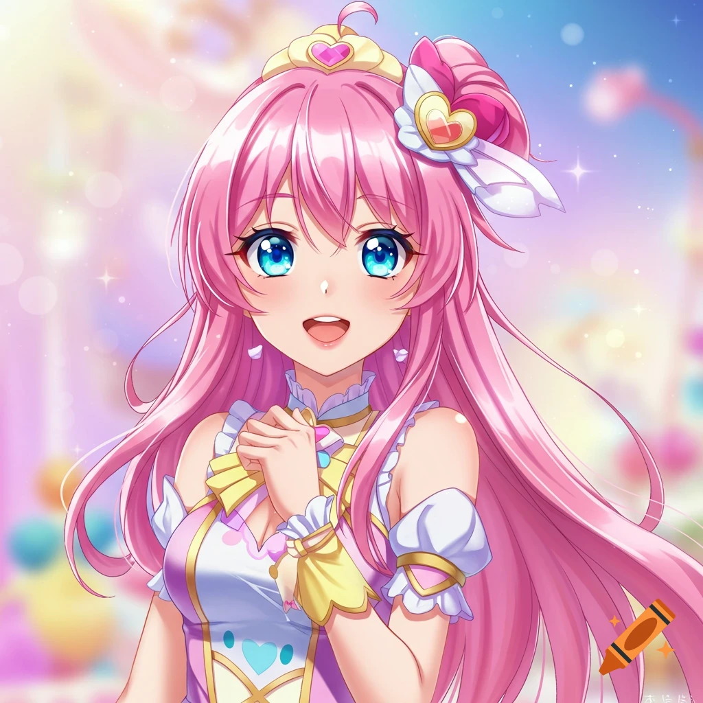 Anime girl with pink hair, blue eyes, dress, and tiara.