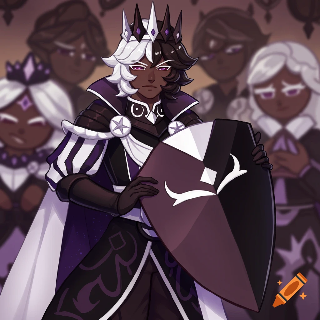 Dark Cacao Cookie, a cartoon fantasy character, stands in dark armor holding a shield.