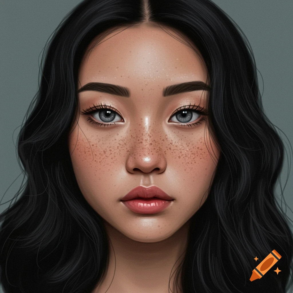 Close-up of a young woman with freckles, black hair, and grey-blue eyes.