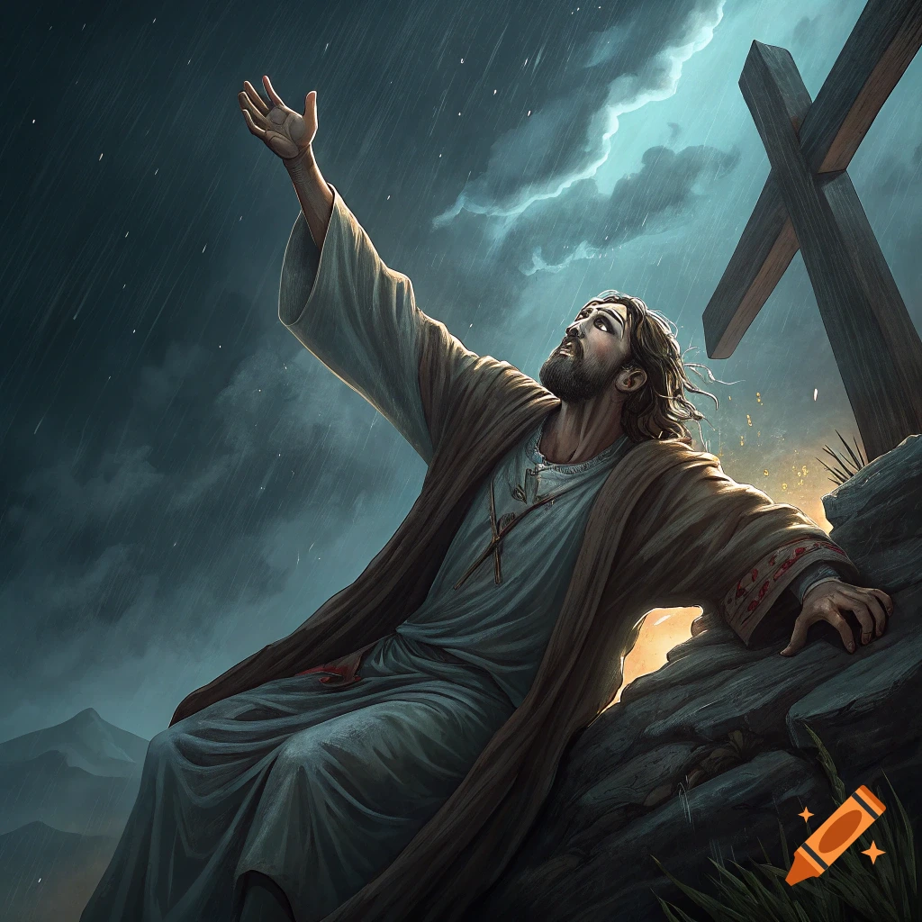 Jesus with raised arm sitting on rocks under stormy sky next to cross