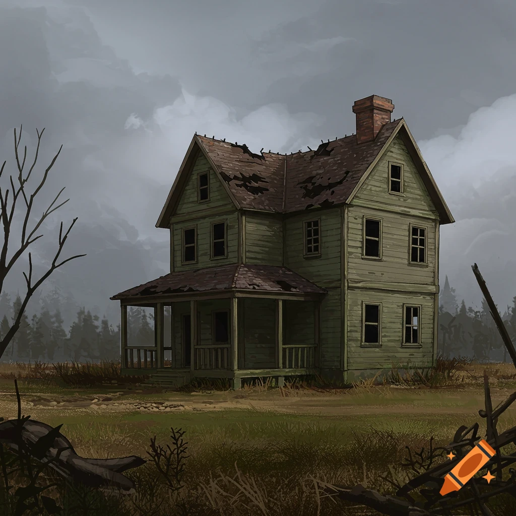 Abandoned, dilapidated house in a field under a cloudy sky.