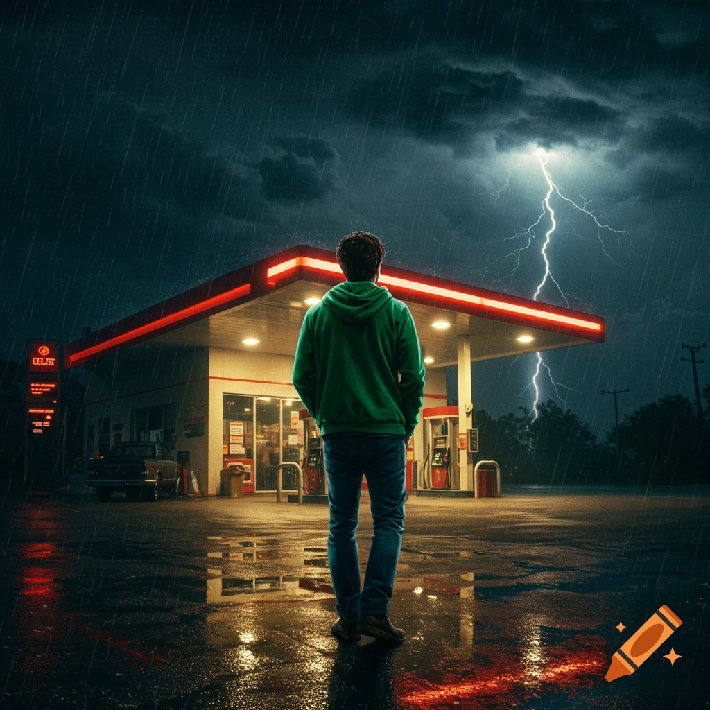 A man stands in front of a gas station during a storm with lightning.