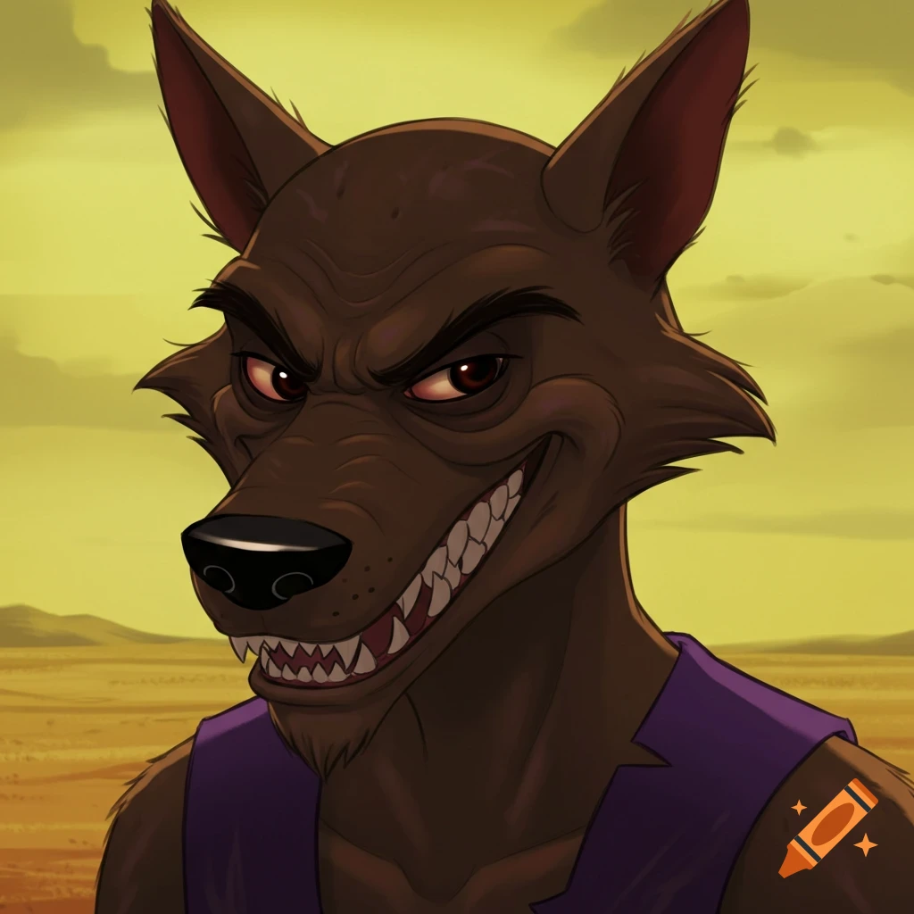 A cartoon jackal character with a sharp grin wears a purple vest in a desert landscape.