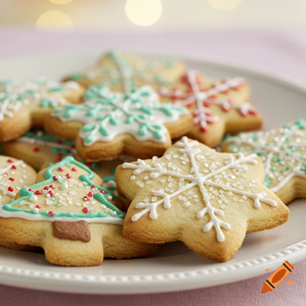 Close-up of Christmas sugar cookies decorated with icing and sprinkles on a plate.