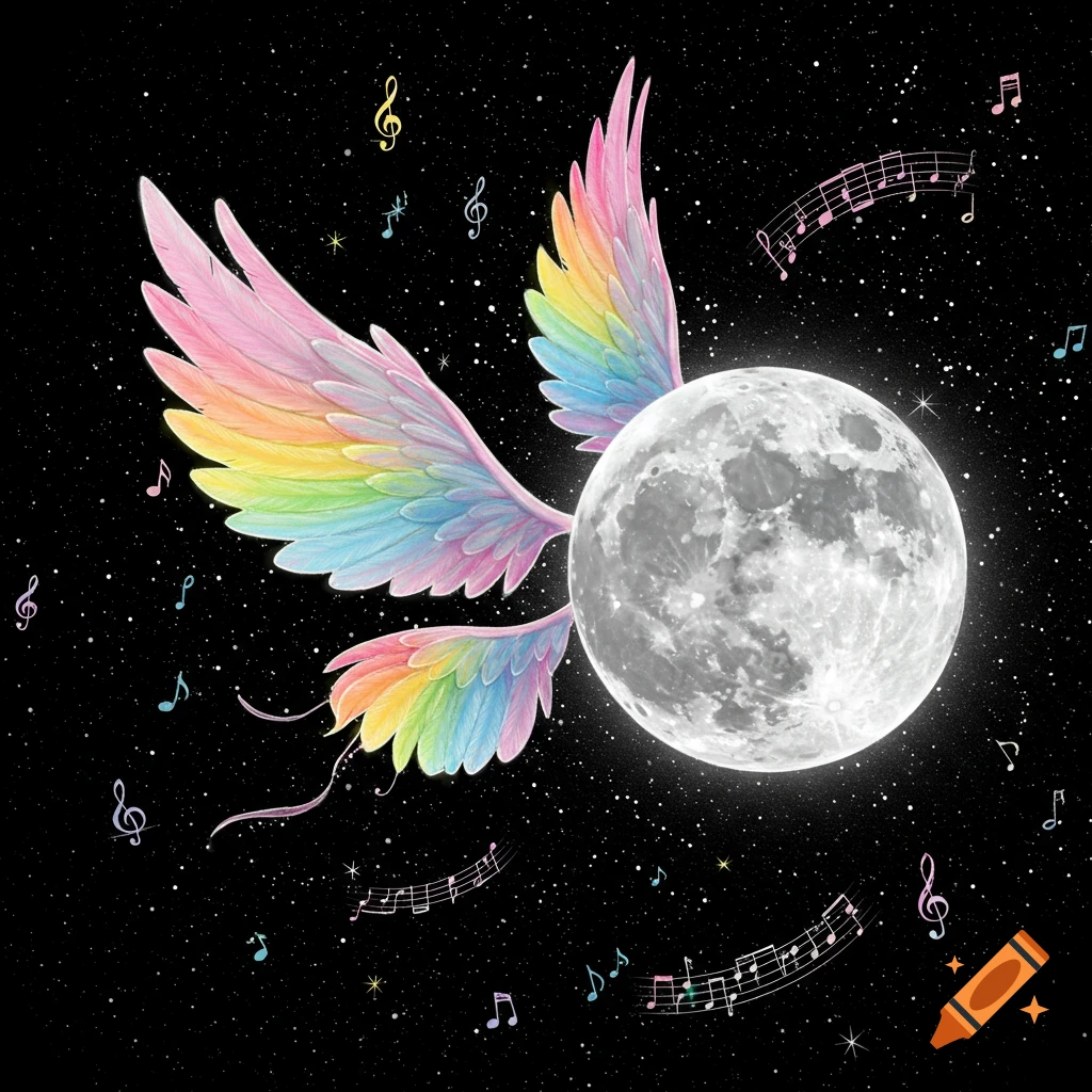 A moon with rainbow wings flies through space accompanied by musical notes and stars.
