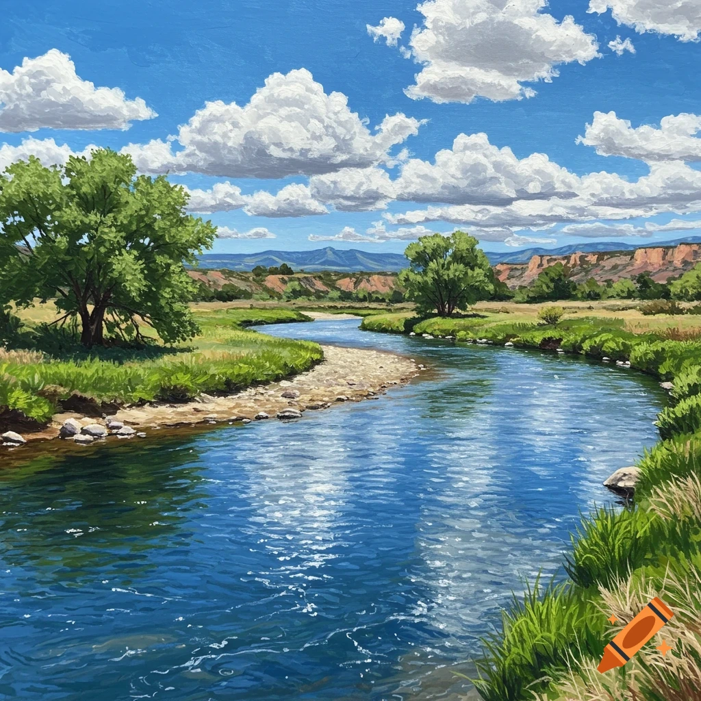 A river flows through a green landscape with trees, hills, and a blue sky with clouds.