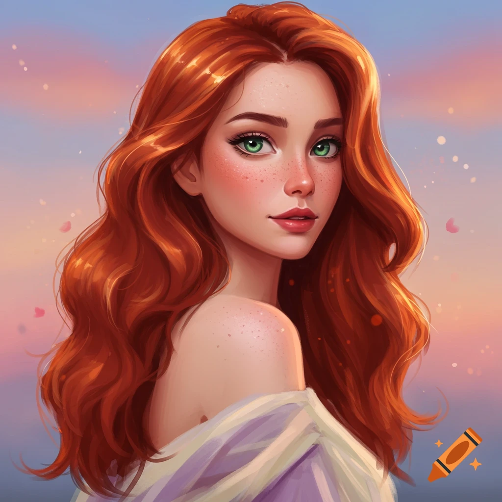 A woman with red hair and green eyes is looking over her shoulder against a colorful sky.