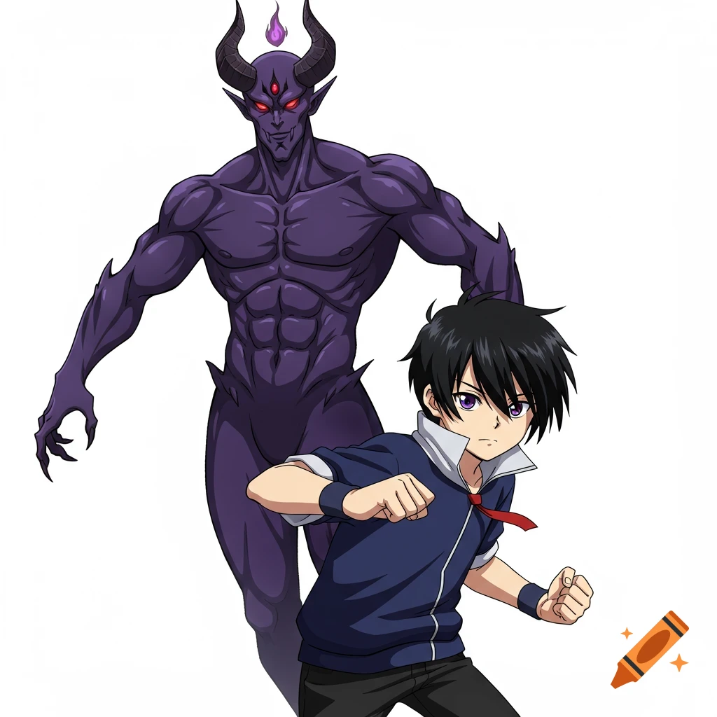 Anime boy with black hair and purple eyes stands in front of a purple demon.