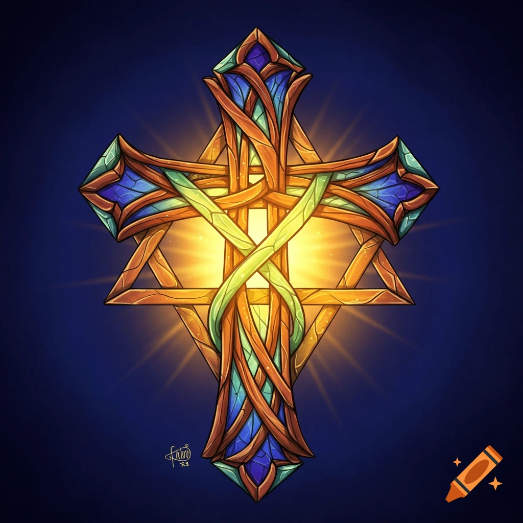 An intertwined cross and Star of David radiating light