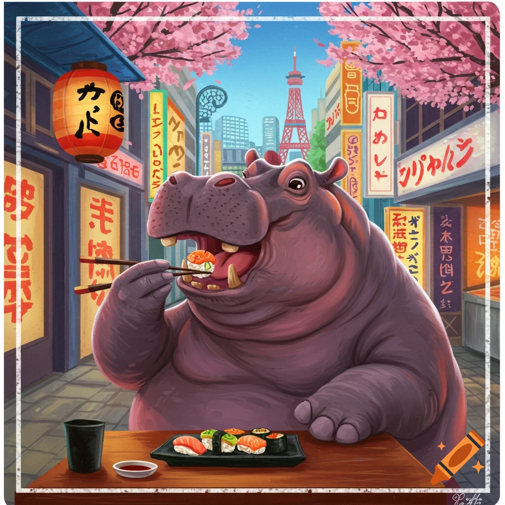 A hippo eating sushi on a Tokyo street under cherry blossoms.