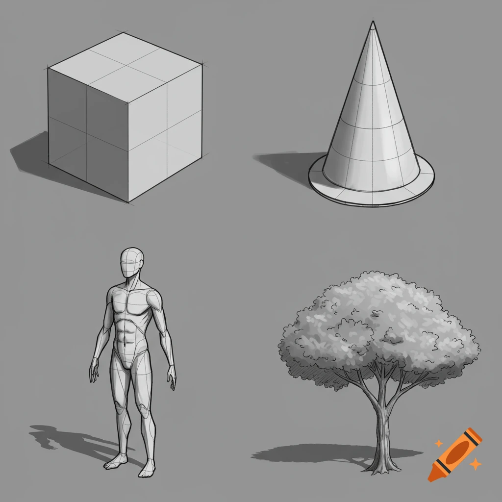 Four sketches: a cube, a cone, a male anatomical figure, and a tree, all in black and white line art with shading.