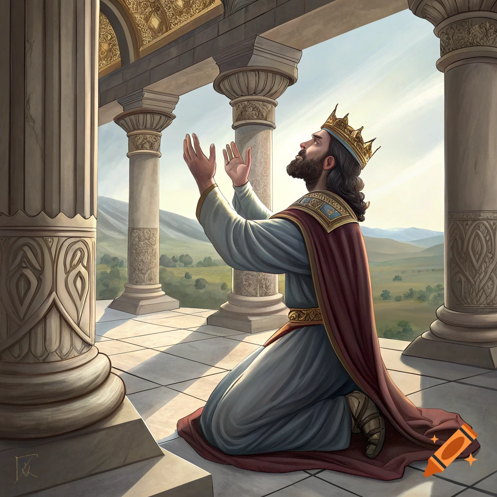 A kneeling king with a crown prays under an ancient colonnade, overlooking a landscape. Illustration.
