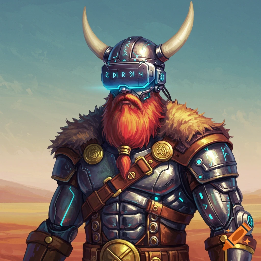 A cyborg Viking with a red beard wearing a VR helmet and futuristic armor.