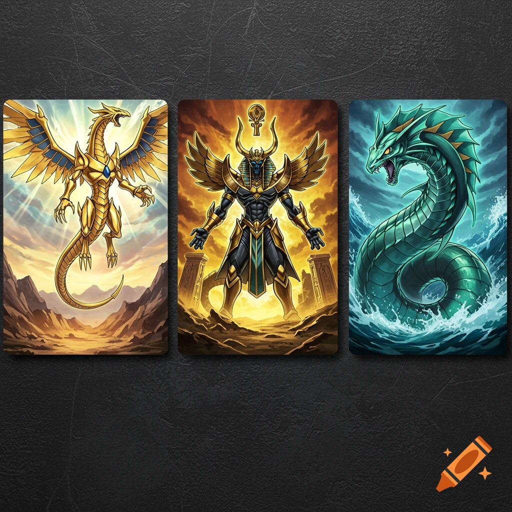 Three fantasy card illustrations: a golden dragon, an Egyptian-style creature, and a sea serpent.