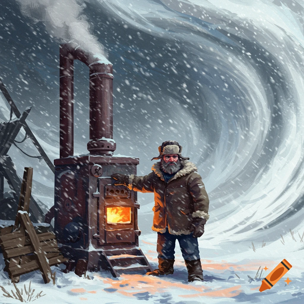 A man standing by a furnace in a blizzard