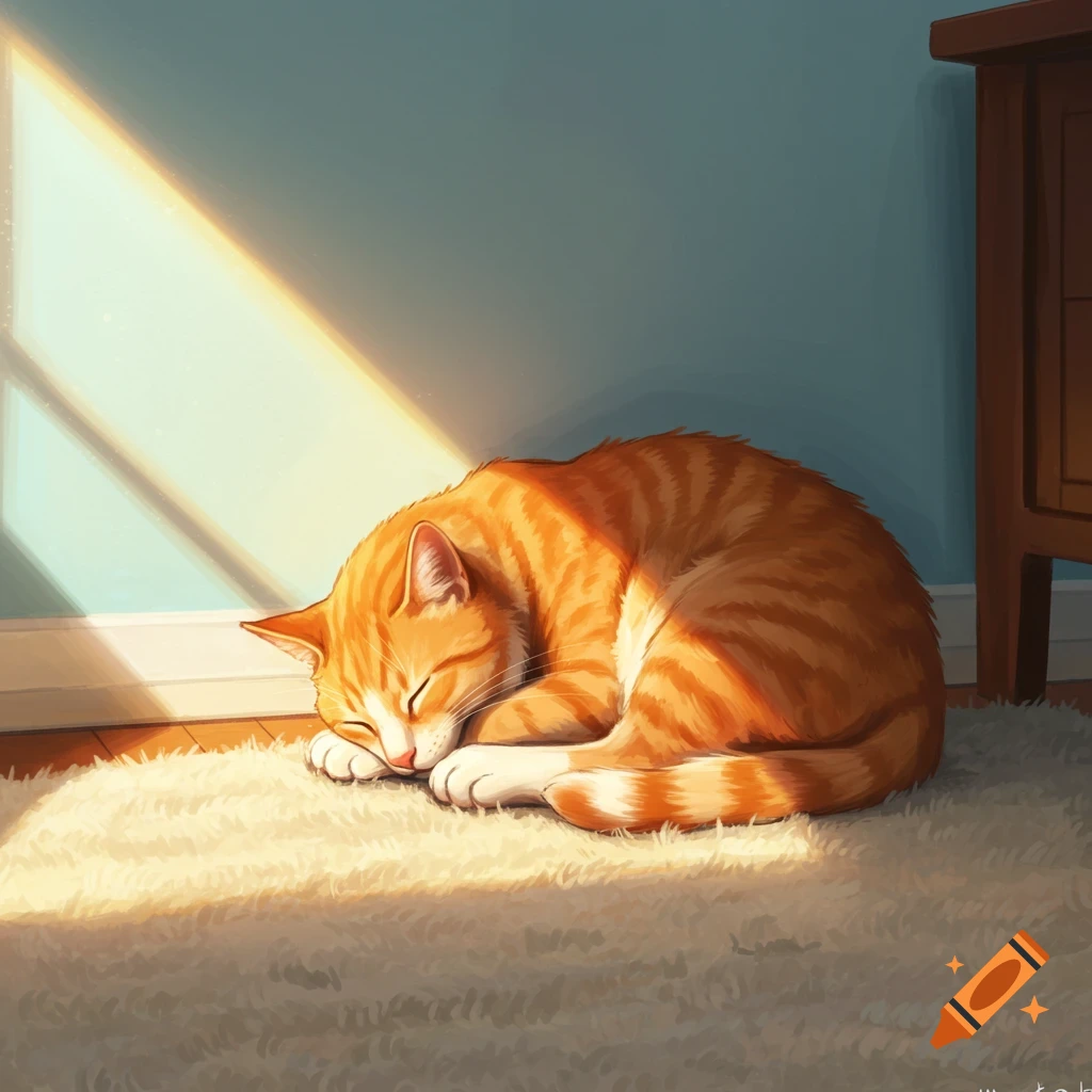 An orange tabby cat is curled up asleep in a patch of sunlight on a white rug in a room.