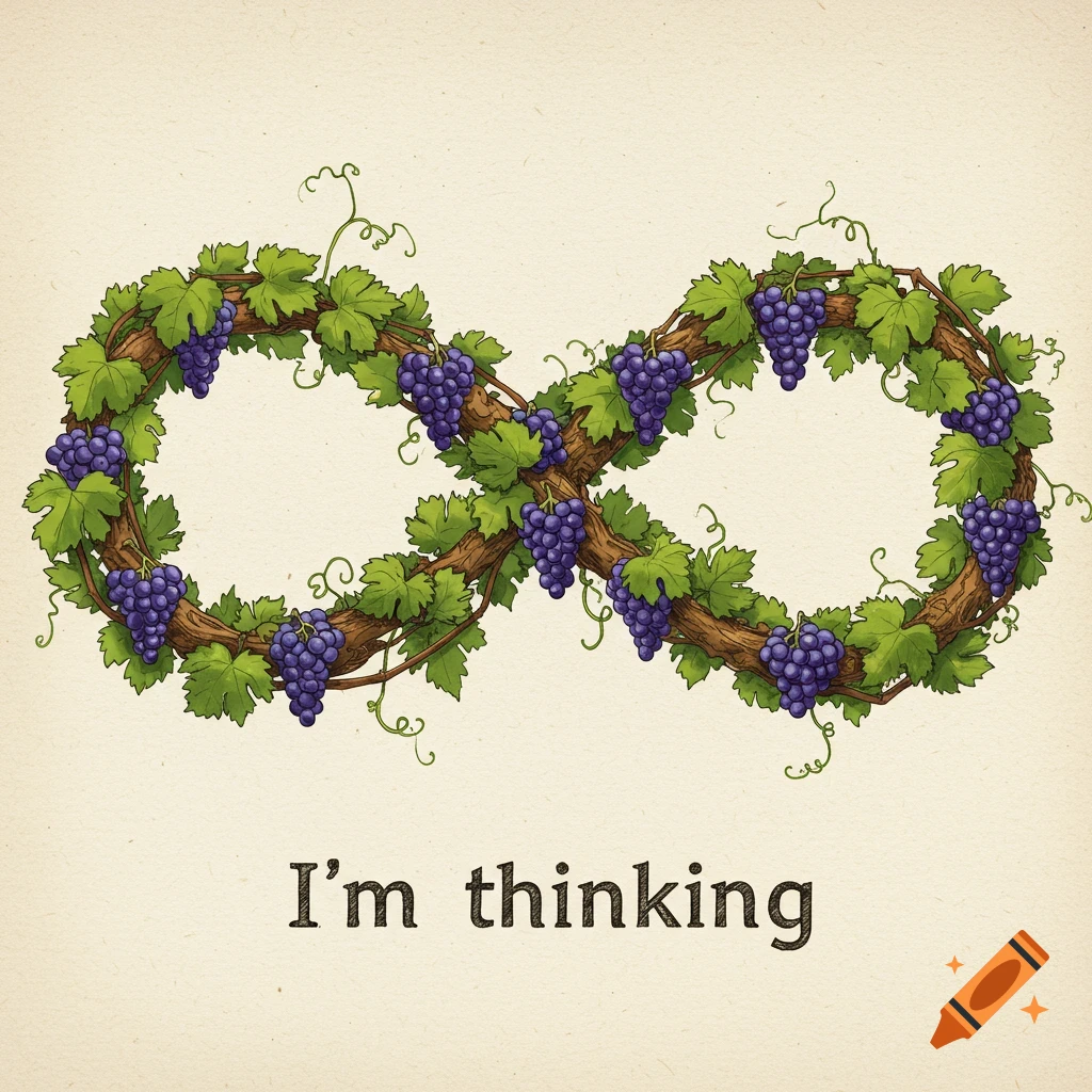 An infinity symbol made of grape vine with leaves and purple grapes, with the text 'I'm thinkin' below.