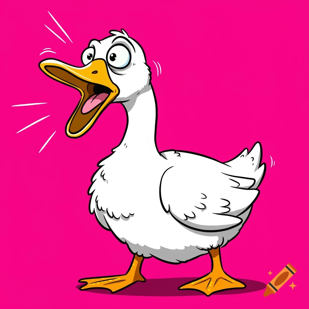 A silly cartoon goose with a bright yellow beak is yelling loudly against a bright pink background.