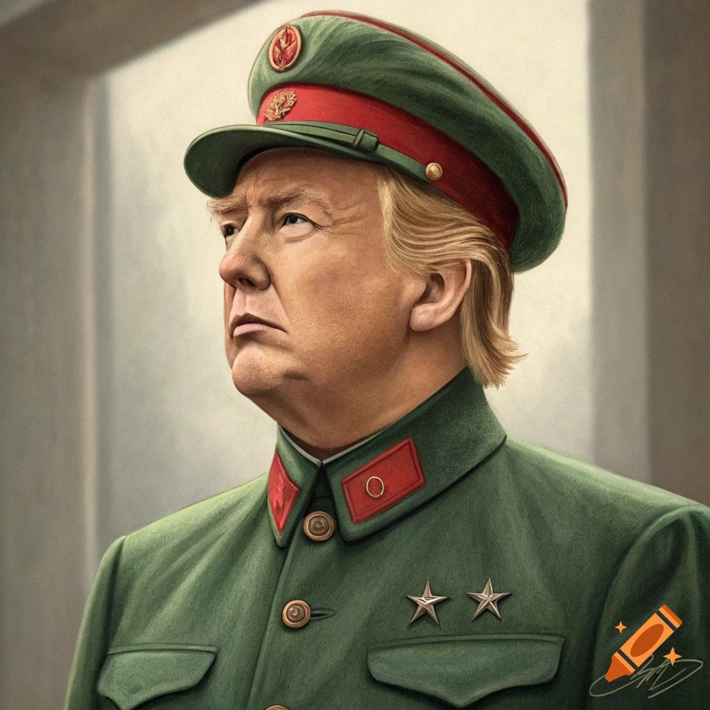 Illustration of Donald Trump wearing a green military uniform and cap.