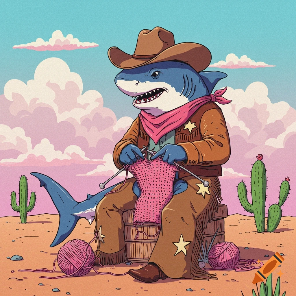 A cartoon cowboy shark sits on a crate in a desert, knitting a pink garment. Two cacti and yarn balls are nearby.