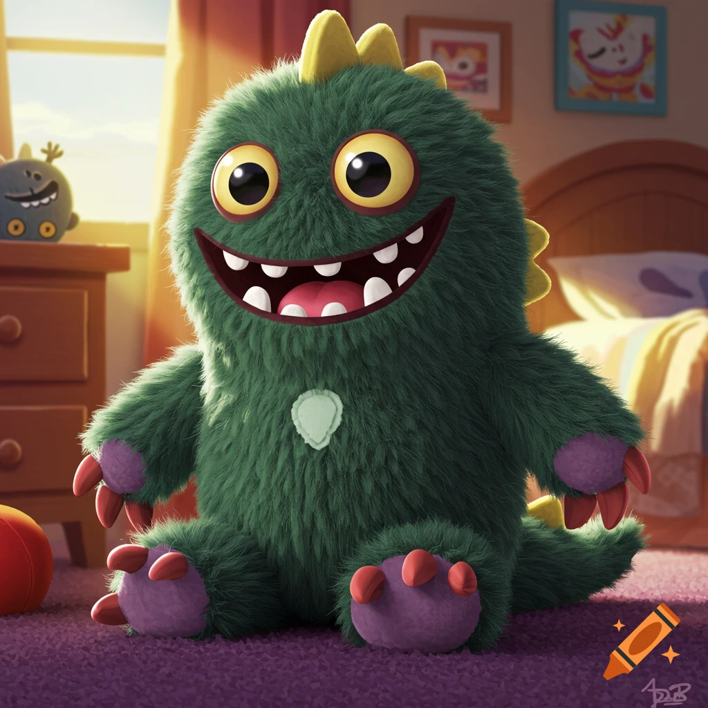 A fuzzy green monster plush toy with big eyes and sharp teeth sits on a purple carpet in a sunlit bedroom.
