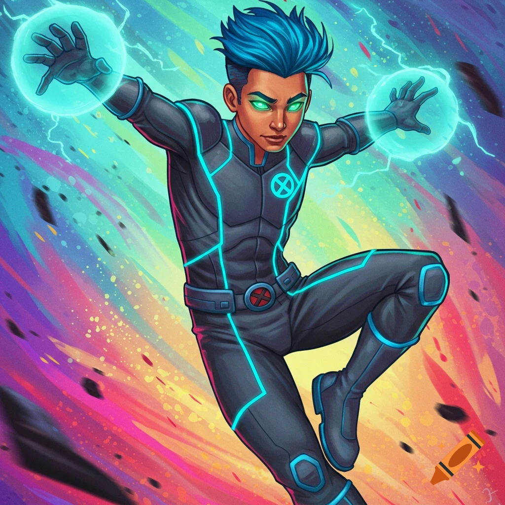 A young superhero with blue hair in a black suit with blue lines and glowing hands against a colorful background.