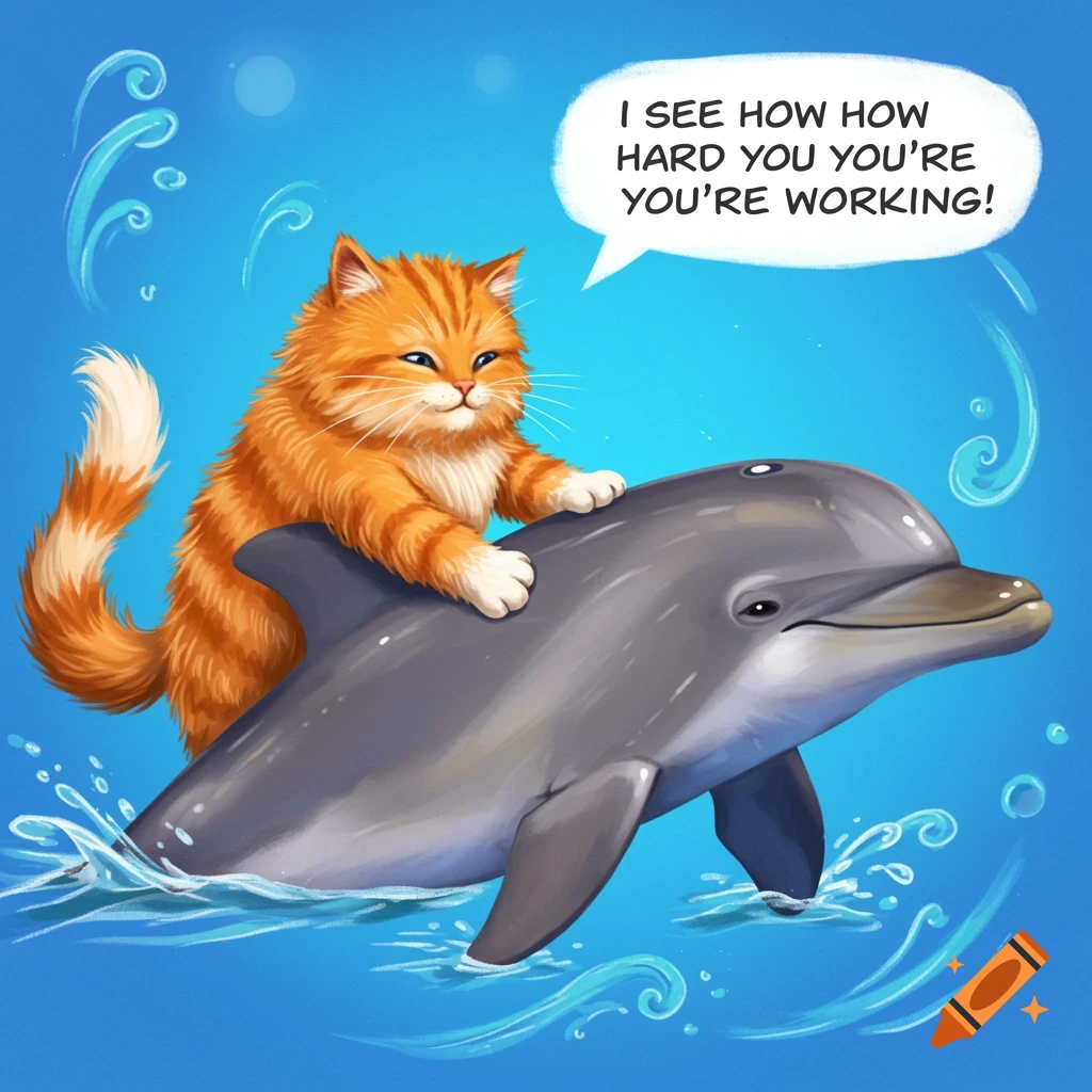 Cartoon ginger cat riding a dolphin in the water with a speech bubble.