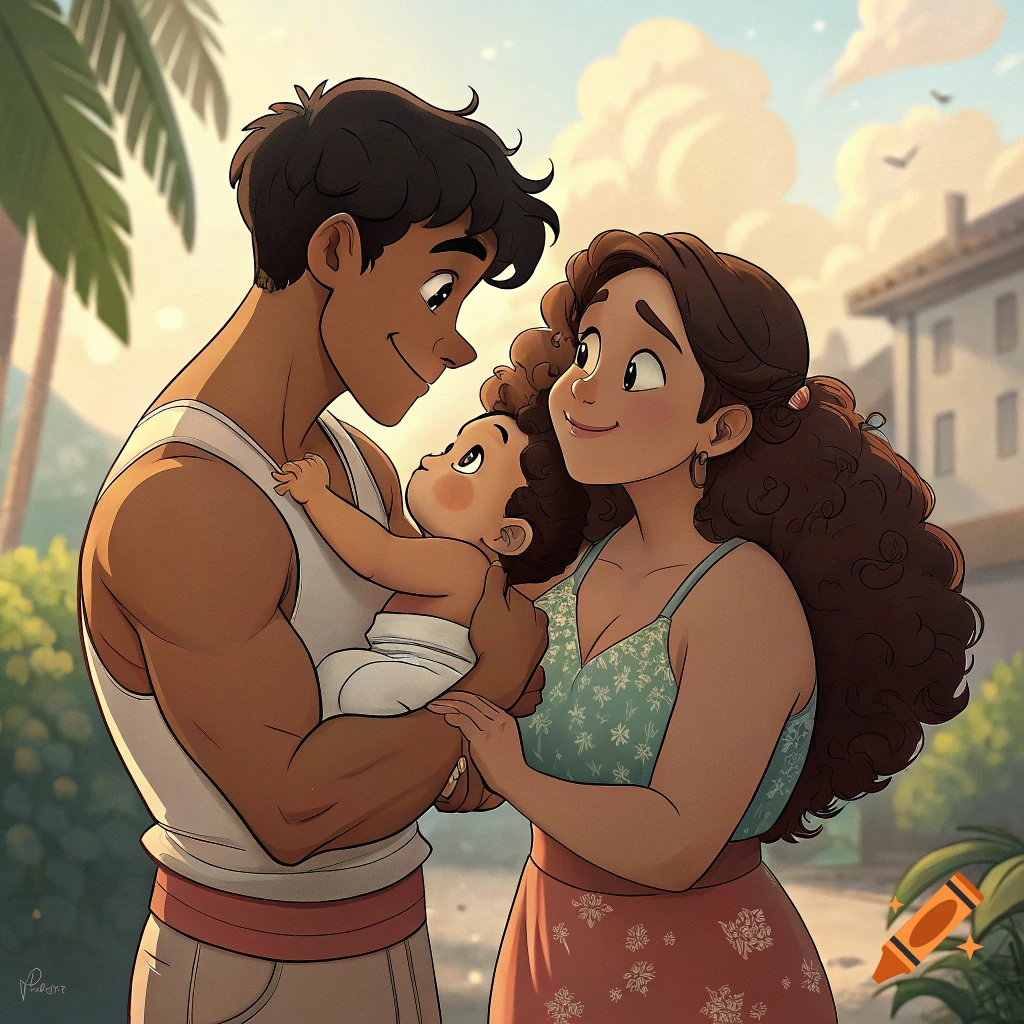 Animated illustration of a father holding a baby while the mother smiles at them outdoors.
