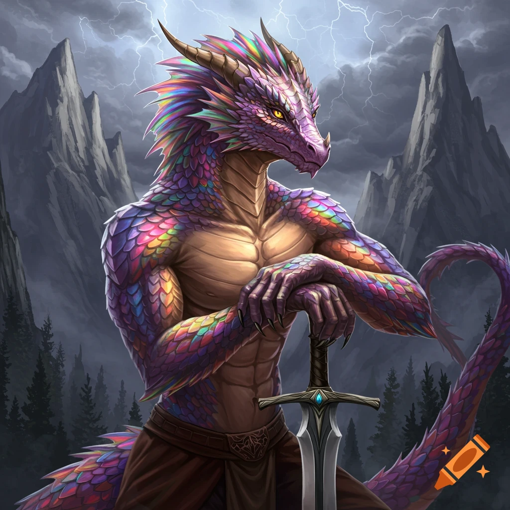 A muscular rainbow-scaled dragon hybrid holding a sword against a backdrop of stormy mountains and lightning.