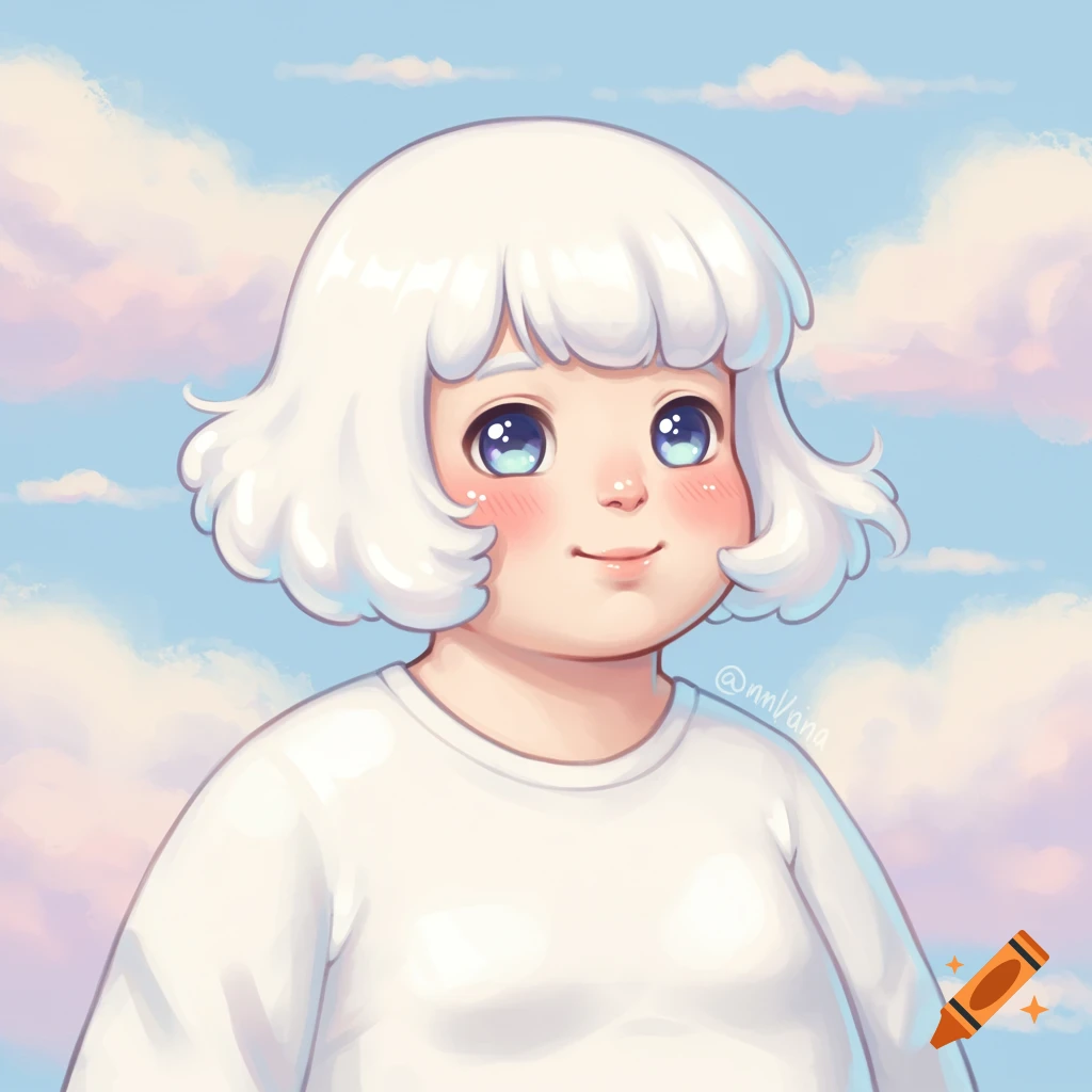 A cute cartoon character with white hair and rosy cheeks against a pastel sky.