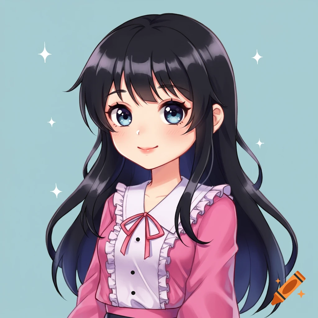 Cute anime girl with long black hair in a pink blouse
