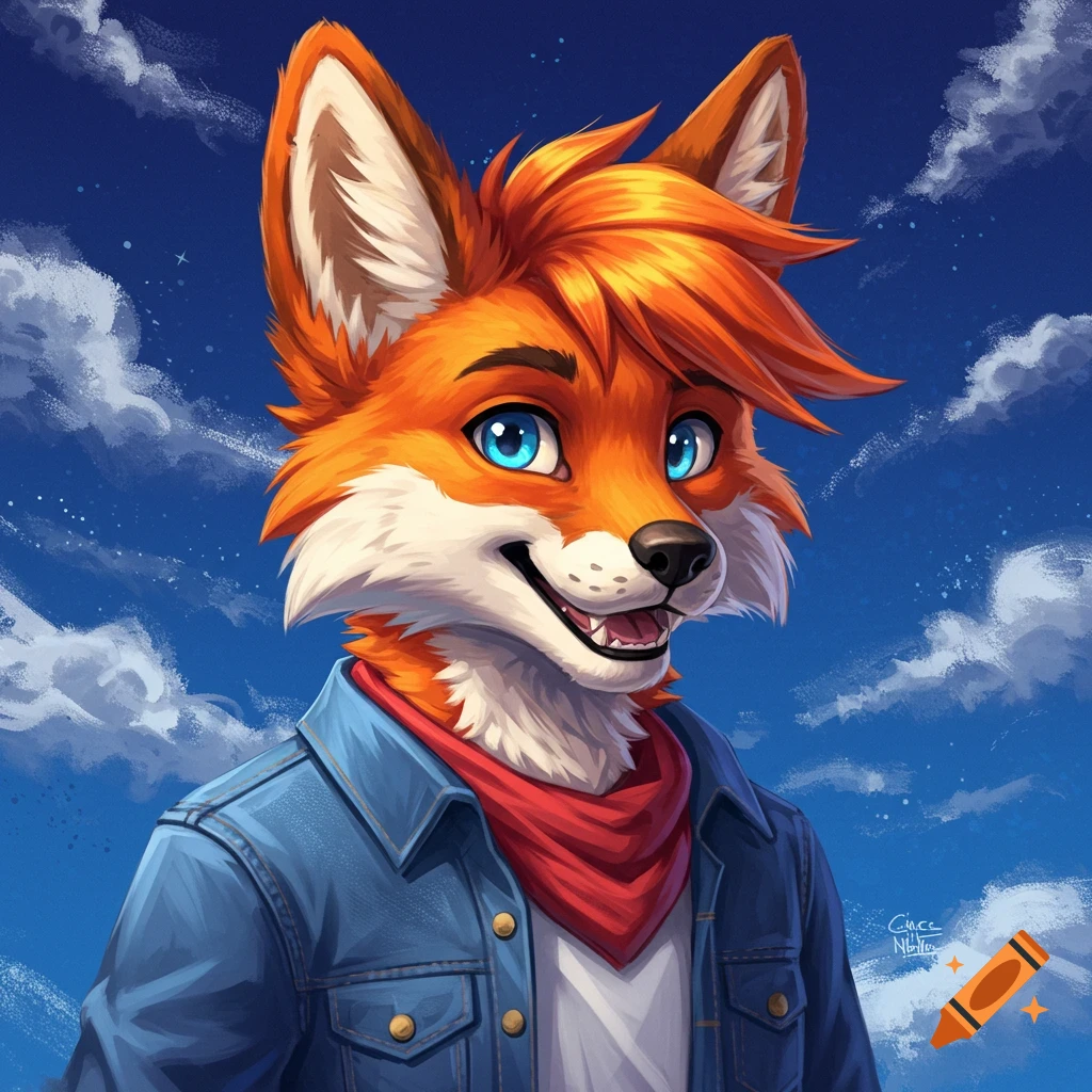 An anthropomorphic fox wears a denim jacket and a red scarf against a blue sky with clouds.