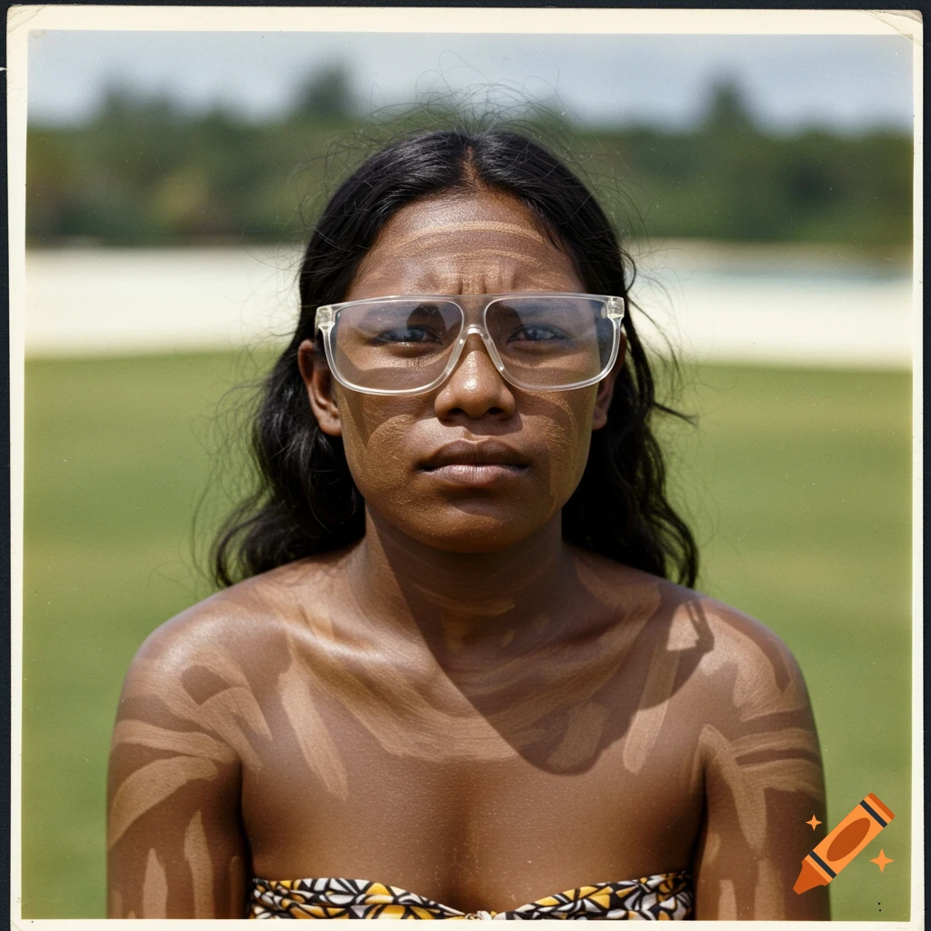 Vintage portrait of a woman with large glasses and body paint stripes on a grassy field.