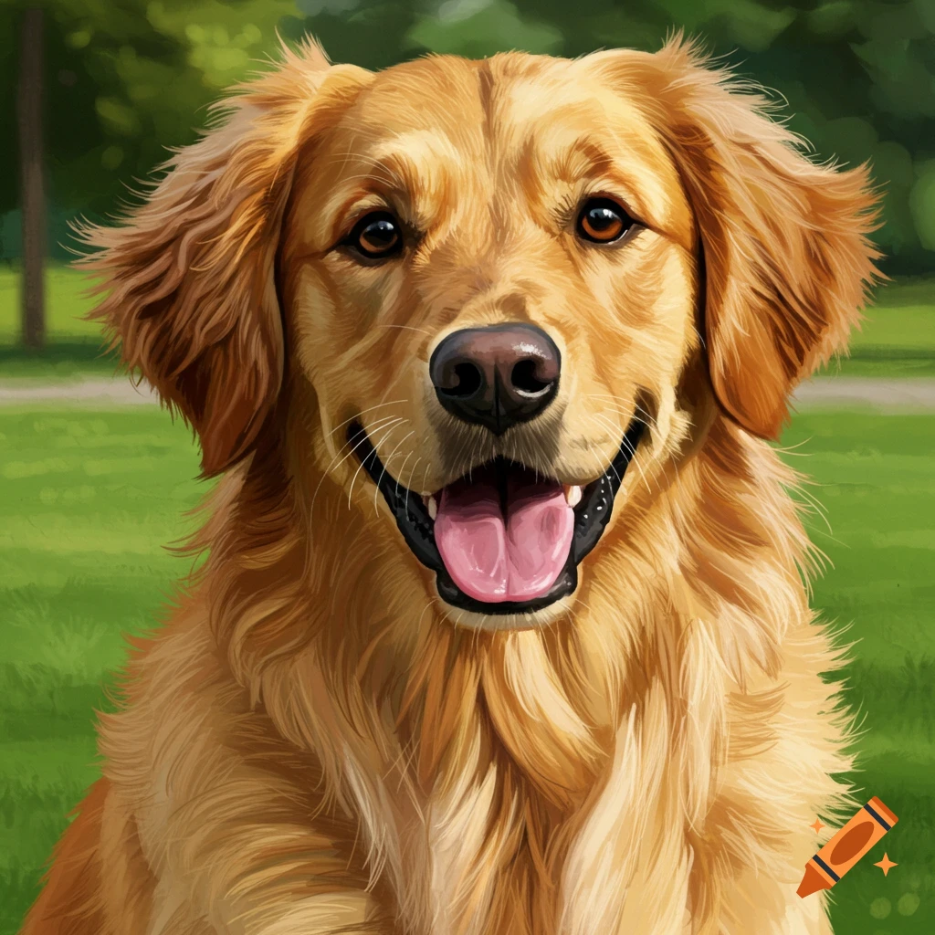 A happy golden retriever dog smiling in a park.